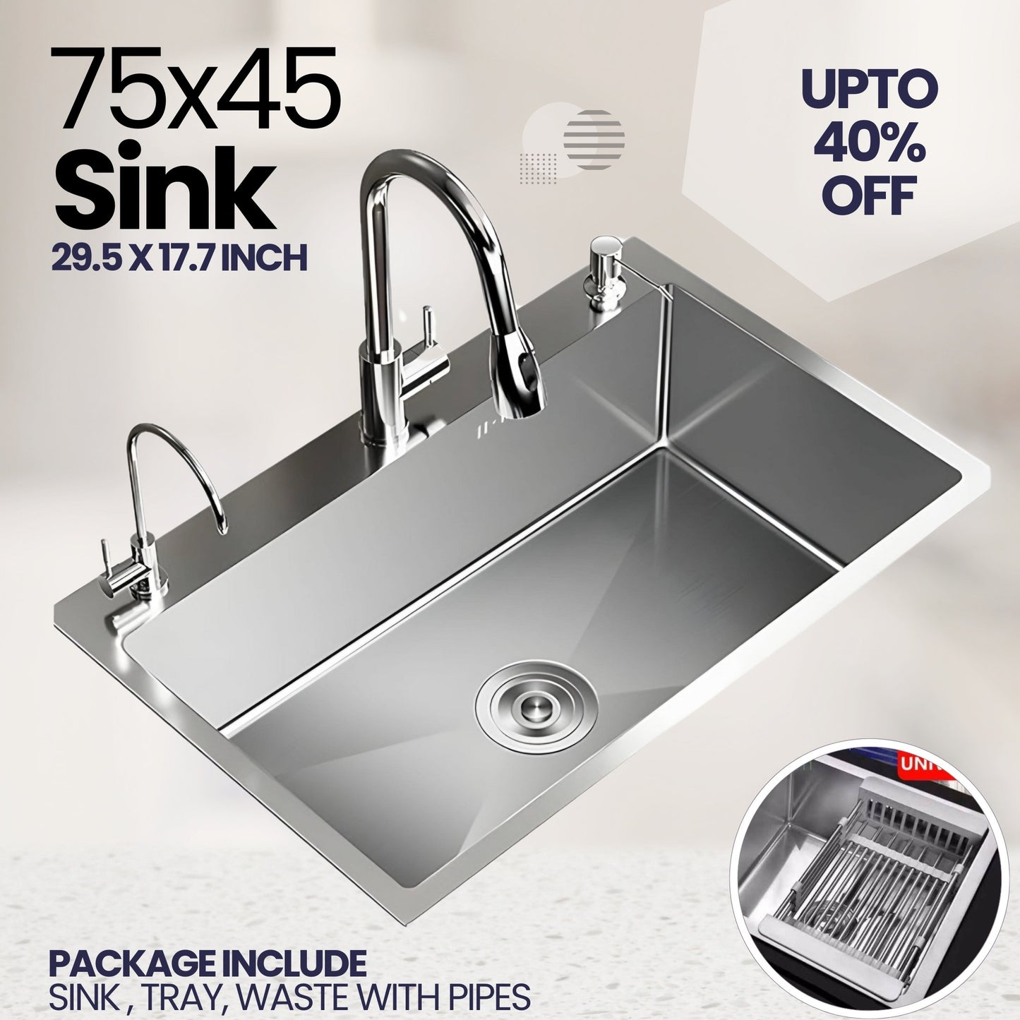 Sink Bowl 75x45 Premium Stainless Steel Single Kitchen Sink