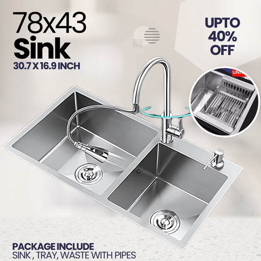 Kitchen Sink Double Bowl 78x43 Premium Stainless Steel