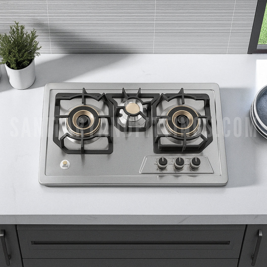 RINO RS979 Gas Stove (Brass) Auto Three Burner Kitchen HOB